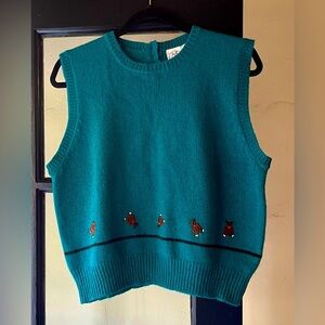 Darling Vintage Teal Wool Embroidered Bear Appliqué Vest